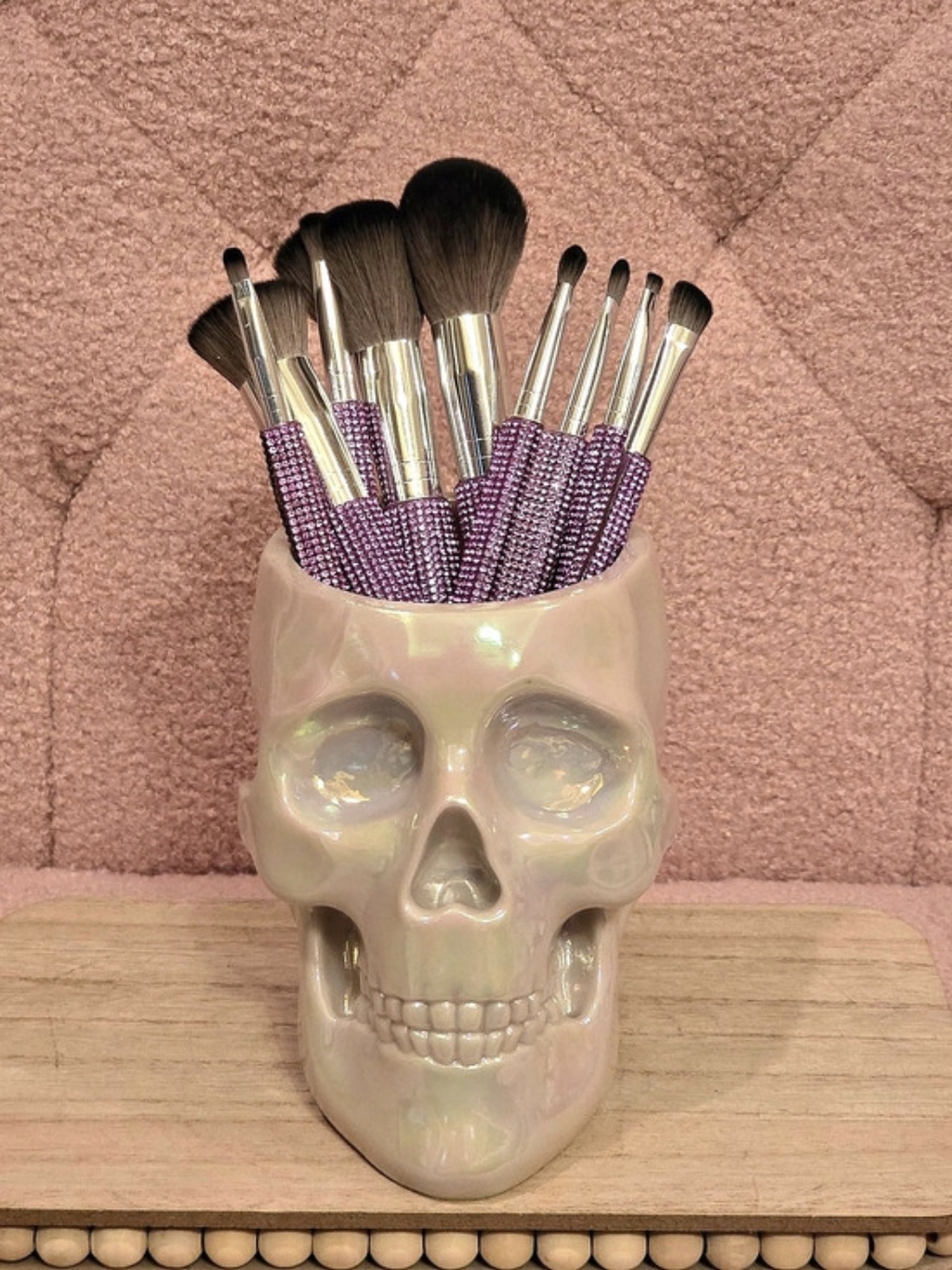 Skull Makeup Brush Holder & Pink Brushes